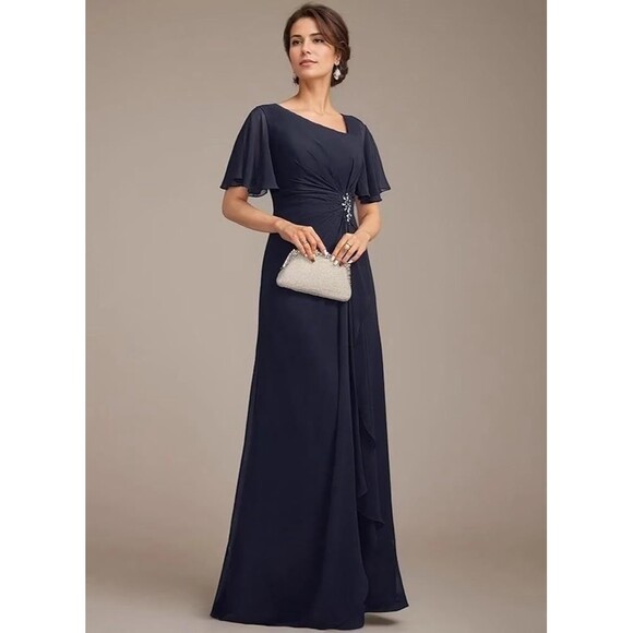 Navy Blue Evening Gown Embellished Waist Chiffon Beading Mother of The Bride NWT - Picture 1 of 15